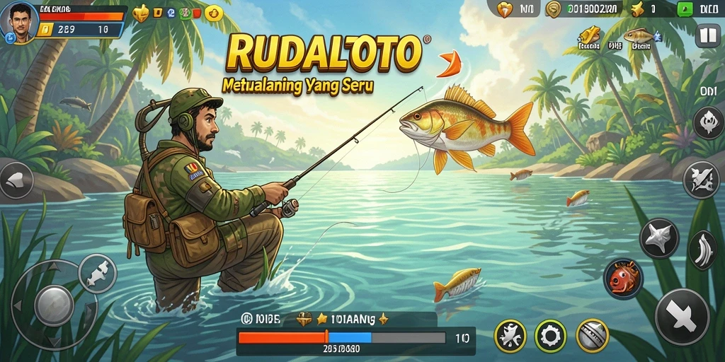 Gameplay RUDALTOTO yang menampilkan aksi memancing yang seru.