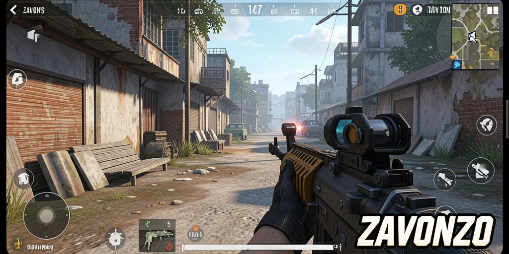 Tampilan gameplay seru ZAVONZO dengan aksi FPS mendebarkan.